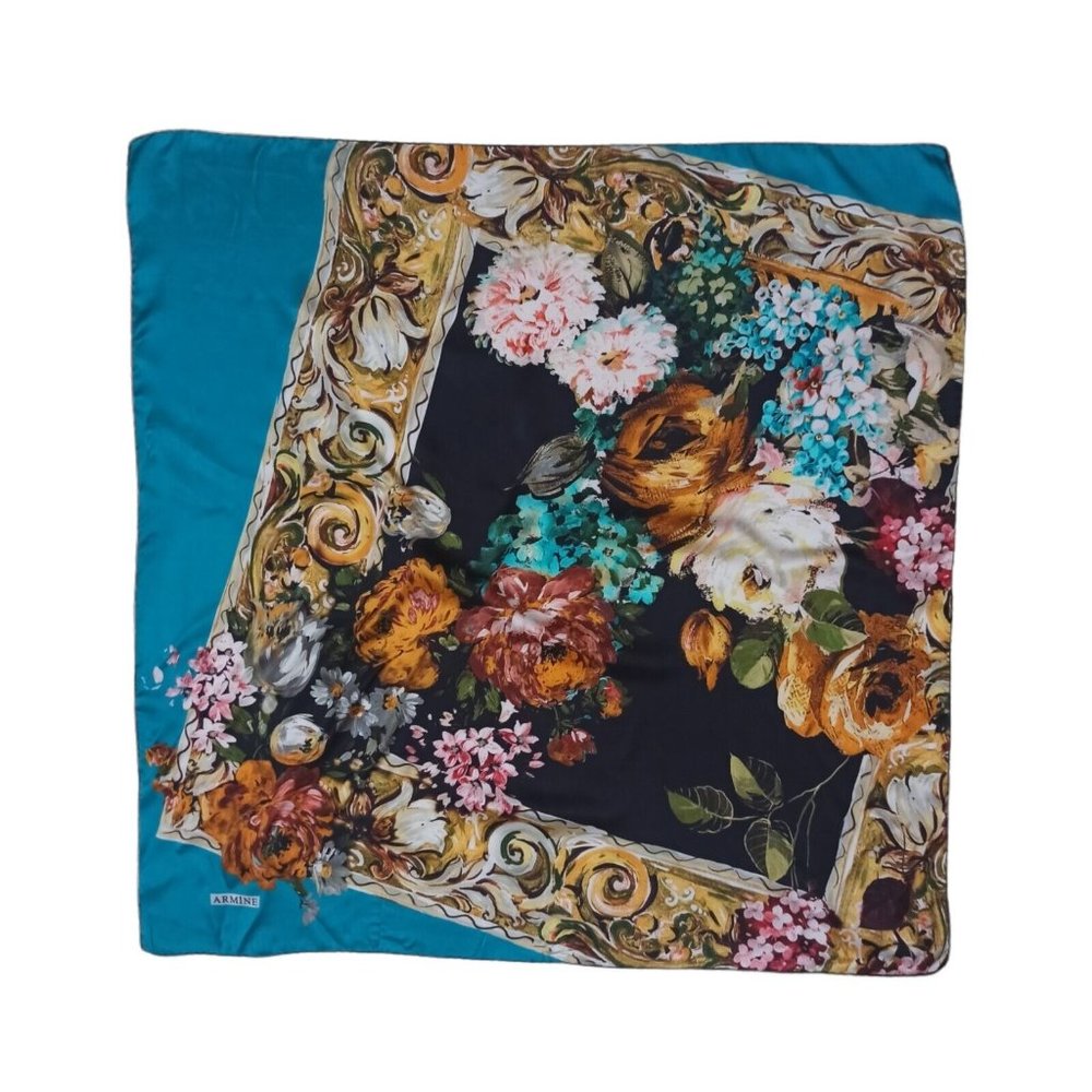 ARMINE Blue Floral Silk Scarf 34.5"/ 34.5” VGC
